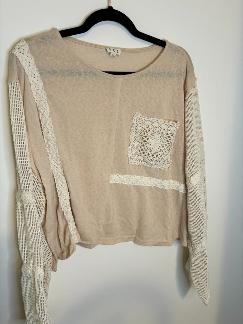 POL Beige Crochet Trim Cropped Boho Top L